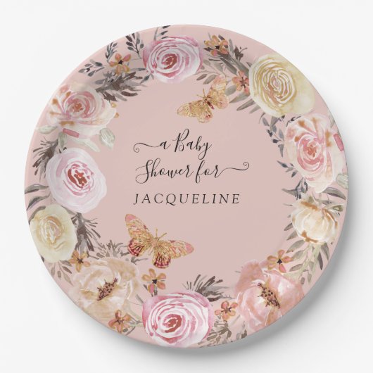 Boho Floral Dusty Blush Roze Modern Baby shower Papieren Bordje (Voorkant)