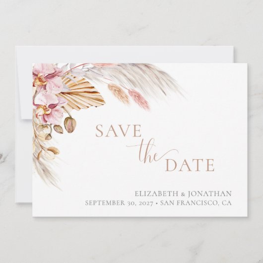 Boho Floral Dusty Pink Elegant Save the Date Kaart (Voorkant)
