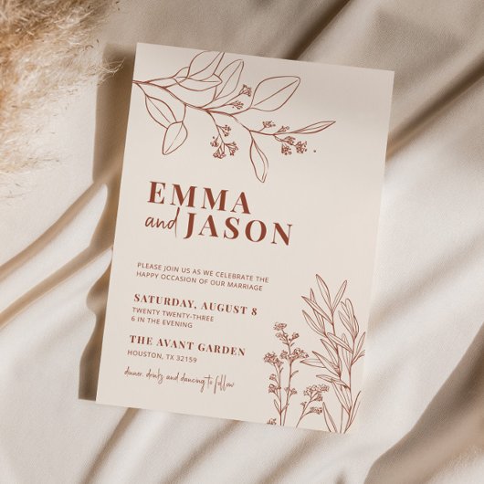 Boho Floral Earthy Beige Wedding Invitation Kaart