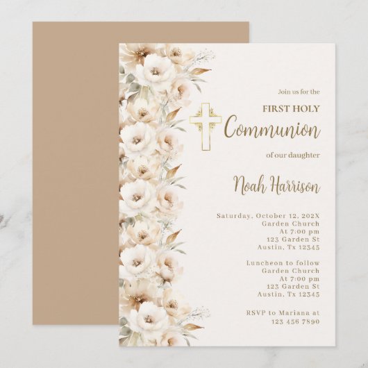 Boho Floral Eerste Communie Jongen Kaart (Voorkant / Achterkant)