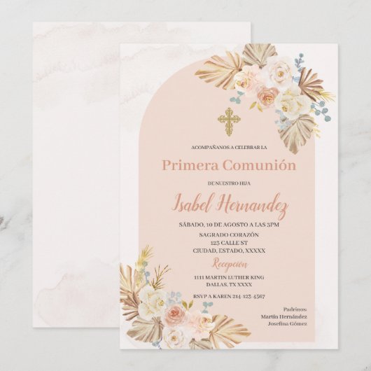 Boho Floral eerste communie Spaans Kaart (Voorkant / Achterkant)