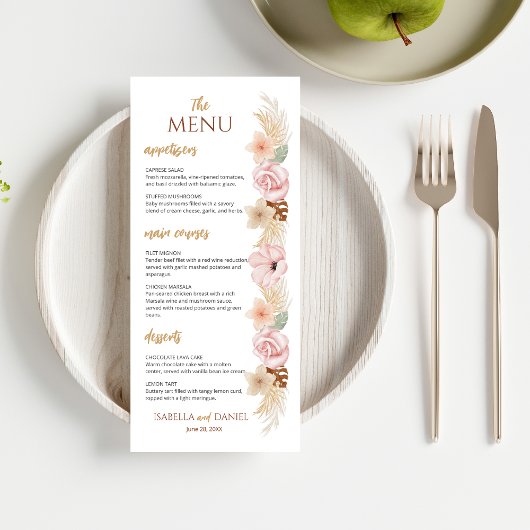 Boho Floral Elegante Boheemse aardetinten bruiloft Menu