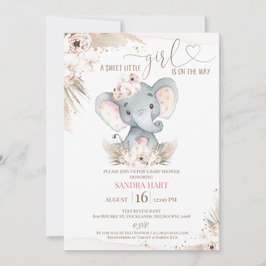 Boho Floral Elephant Baby Girl Baby shower Kaart (Voorkant)
