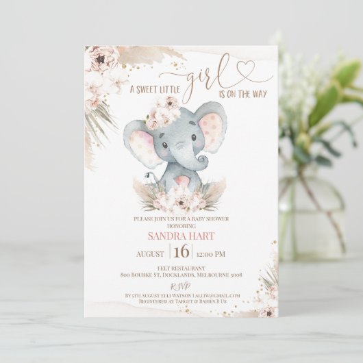 Boho Floral Elephant Baby Girl Baby shower Kaart (Staand voorkant)