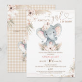 Boho Floral Elephant Baby Girl Baby shower Kaart (Voorkant / Achterkant)