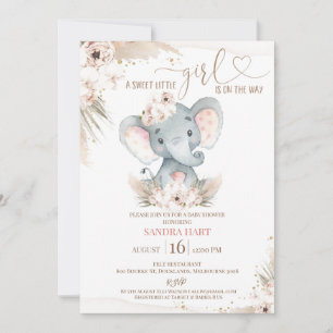 Boho Floral Elephant Baby Girl Baby shower Kaart