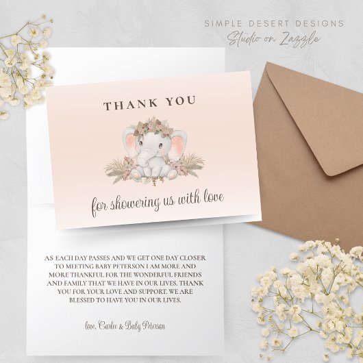 Boho Floral Elephant Baby shower bedankje Bedankkaart