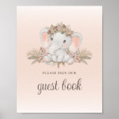 Boho Floral Elephant Baby shower Gastenboek teken Poster (Voorkant)