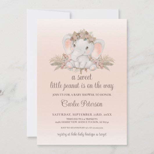 Boho Floral Elephant Baby shower Invitation Kaart (Voorkant)