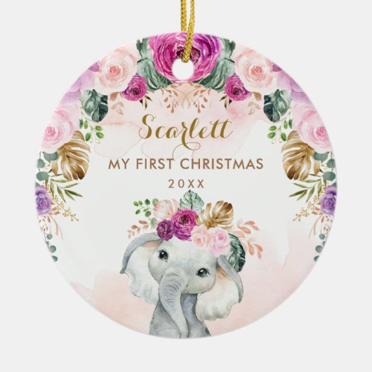 Boho Floral Elephant Girl Baby 1e kerstdag Keramisch Ornament (Voorkant)