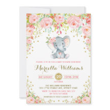 Boho Floral Elephant Invitation Pink Baby shower