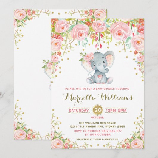 Boho Floral Elephant Invitation Pink Baby shower Kaart (Voorkant / Achterkant)