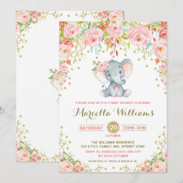 Boho Floral Elephant Invitation Pink Baby shower Kaart