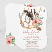 Boho Floral en Antler Baby shower Invitation Kaart (Voorkant / Achterkant)