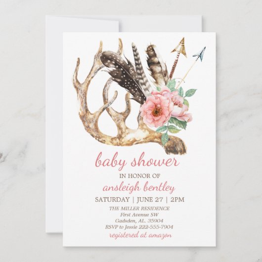 Boho Floral en Antler Baby shower Invitation Kaart (Voorkant)