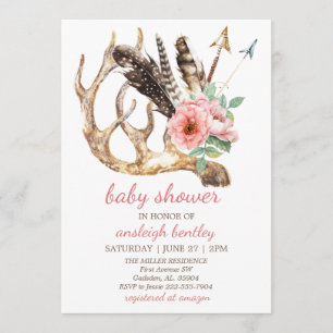 Boho Floral en Antler Baby shower Invitation Kaart