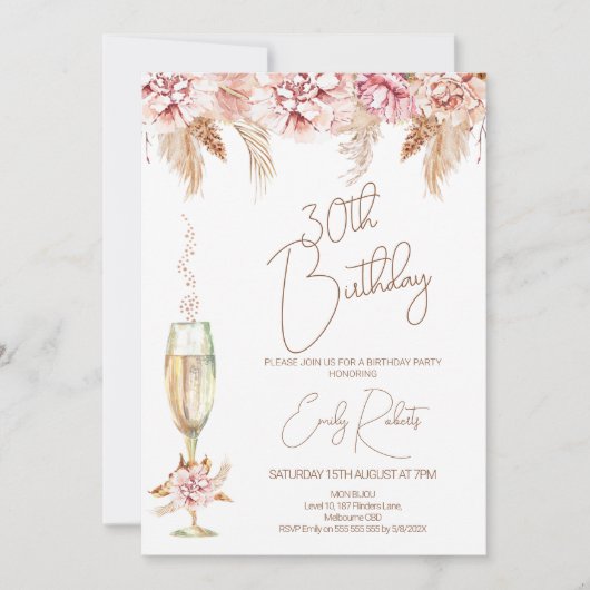 Boho Floral en Champagne Glass Birthday Kaart (Voorkant)