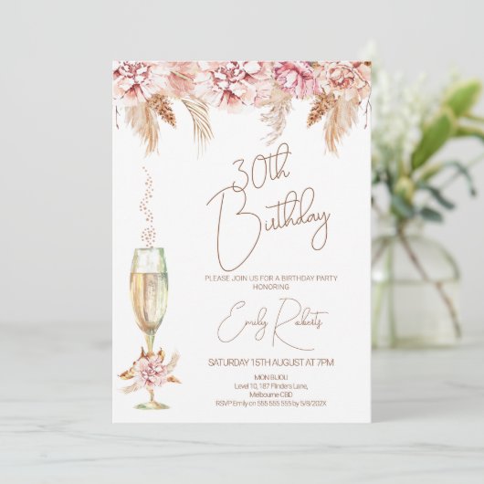 Boho Floral en Champagne Glass Birthday Kaart (Staand voorkant)