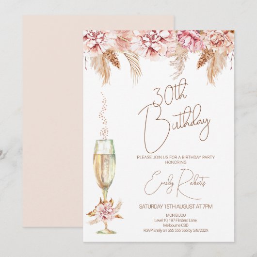 Boho Floral en Champagne Glass Birthday Kaart (Voorkant / Achterkant)