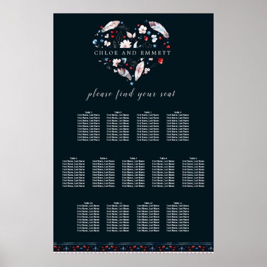 Boho Floral en Feathers 13-Table Seating Chart Poster (Voorkant)