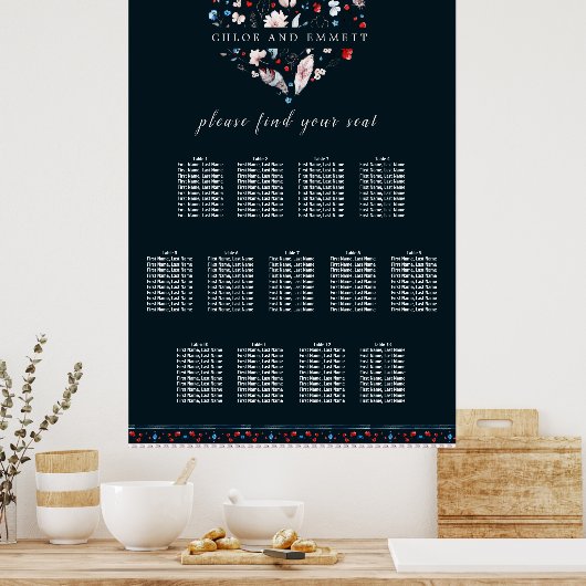 Boho Floral en Feathers 13-Table Seating Chart Poster (Keuken)