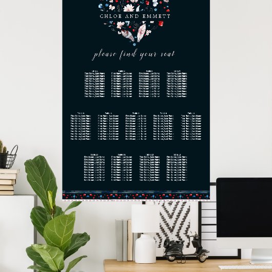 Boho Floral en Feathers 13-Table Seating Chart Poster (Thuiskantoor)