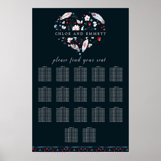Boho Floral en Feathers 17-Table Seating Chart Poster (Voorkant)