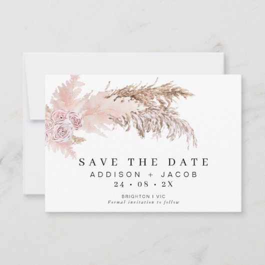 Boho Floral en Pampas bruiloft Save the Date Kaart (Voorkant)