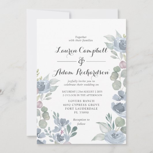 Boho Floral & Eucalyptus Dusty Blue Wedding Kaart (Voorkant)