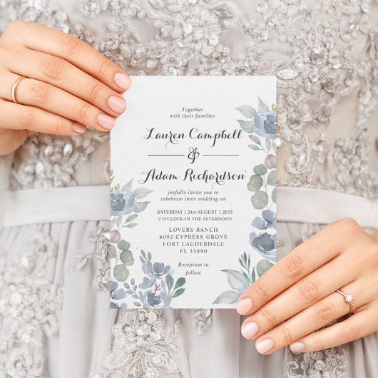 Boho Floral & Eucalyptus Dusty Blue Wedding Kaart