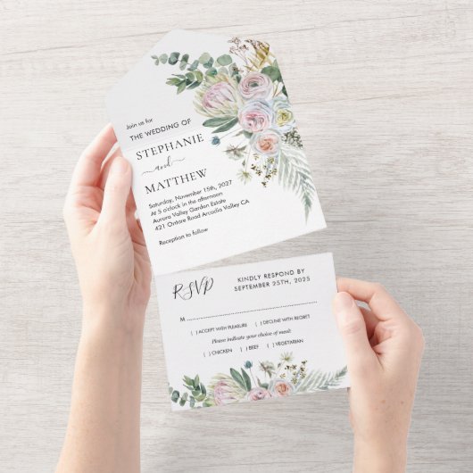 Boho Floral Eucalyptus Waterverf Wedding All In One Uitnodiging (Afscheurbaar)