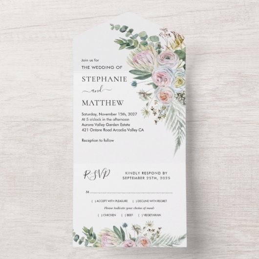Boho Floral Eucalyptus Waterverf Wedding All In One Uitnodiging (Binnen)