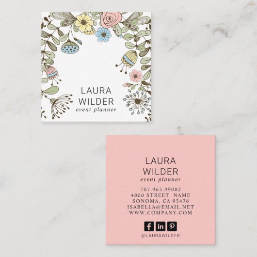 Boho Floral Event Planner Pink Square Business Vierkante Visitekaartje (Voorkant / Achterkant)
