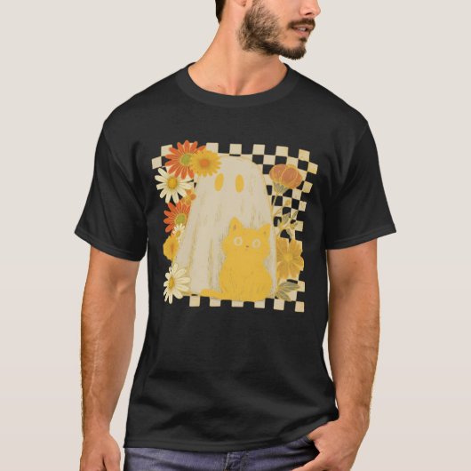 Boho Floral Fall Ghost and Black Cat Halloween Fal T-shirt (Voorkant)