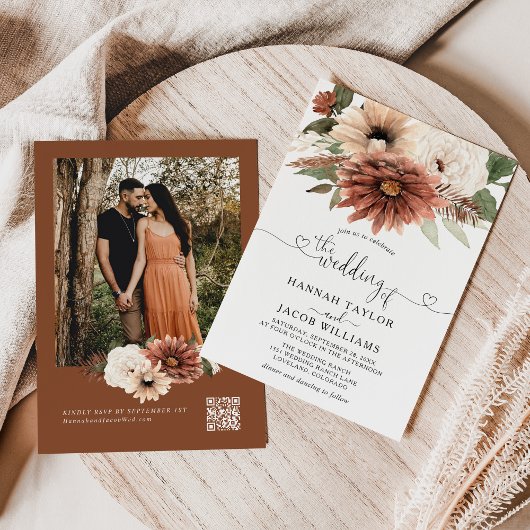 Boho Floral Fall Wedding QR Code RSVP Kaart