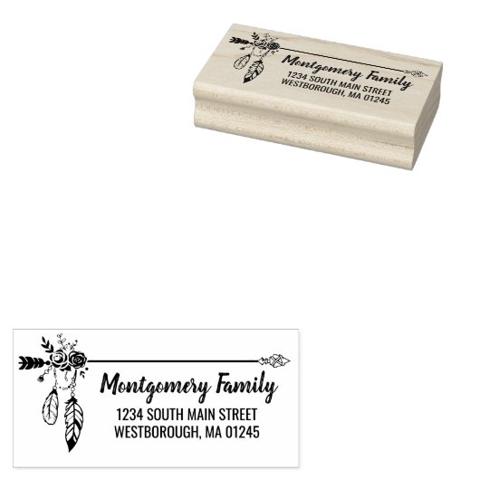 Boho Floral Feather aangepaste naam retouradres Rubberstempel (Gestempeld)