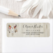 Boho Floral Feather Antler Koe Skull Rustisch Hout Etiket (Insitu)