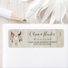 Boho Floral Feather Antler Koe Skull Rustisch Hout Etiket