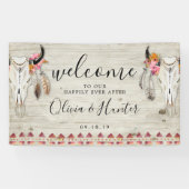 Boho Floral Feather Antler Skull Weddenschap Welko Spandoek (Horizontaal)