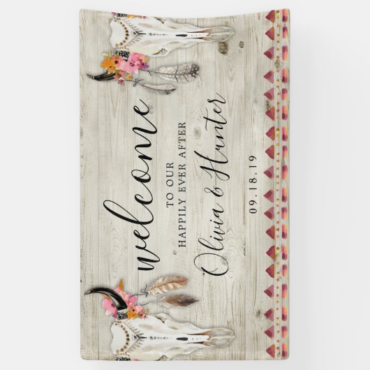 Boho Floral Feather Antler Skull Weddenschap Welko Spandoek (Verticaal)