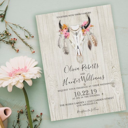 Boho Floral Feather Antlers Skull Wood Weddenschap Kaart