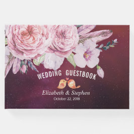 Boho Floral Feather Burgundy Red Gastenboek