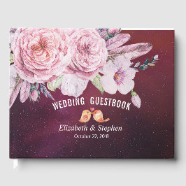 Boho Floral Feather Burgundy Red Gastenboek