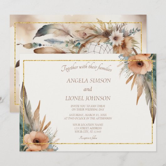 Boho Floral Feather Dreamcatcher Wedding Kaart (Voorkant / Achterkant)