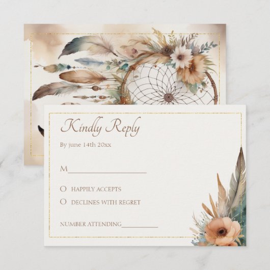 Boho Floral Feather Dreamcatcher Wedding RSVP Kaartje (Voorkant / Achterkant)