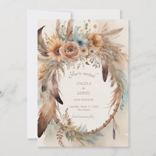 Boho Floral Feather Dreamcatcher Wedding Save The Date (Voorkant)