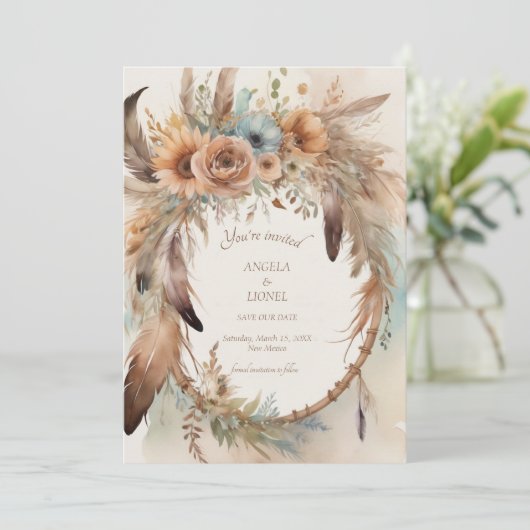 Boho Floral Feather Dreamcatcher Wedding Save The Date (Staand voorkant)