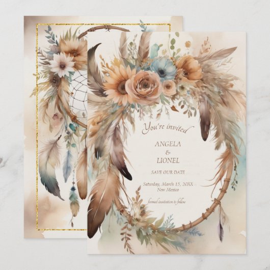 Boho Floral Feather Dreamcatcher Wedding Save The Date (Voorkant / Achterkant)