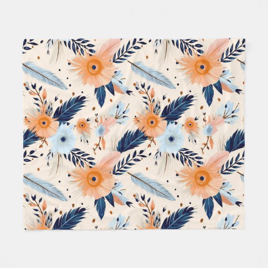 Boho Floral Feather Pattern Fleece Deken (Voorkant (Horizontaal))