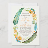 Boho Floral Feathers  Blauwgroen Engagement Party Kaart (Voorkant)